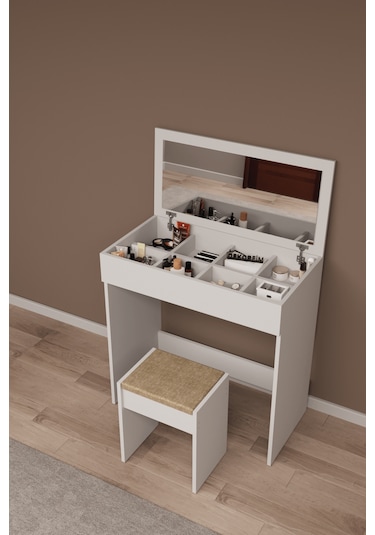Df02113 Kapaklı Aynalı Bölmeli Puflu Makyaj Masası Beyaz