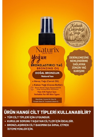 Yoğun Bronzlaştırıcı Yağ Havuç & Kakao Yağı, Shea Butter, Vitamin E, Tüm Cilt Tiplerine Uygun Sprey 200 Ml