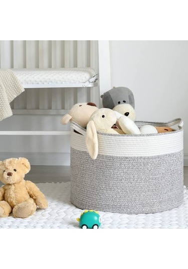 Shahbaz Özel Pamuklu Jüt Battaniye Sepeti Hasır Oyuncak Sepeti Jüt Çamaşır Sepeti 40-30 Grey