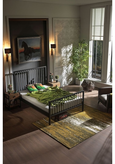 Breeze Çift Kişilik Ferforje Metal Karyola Siyah-gri Ahşap Latalı