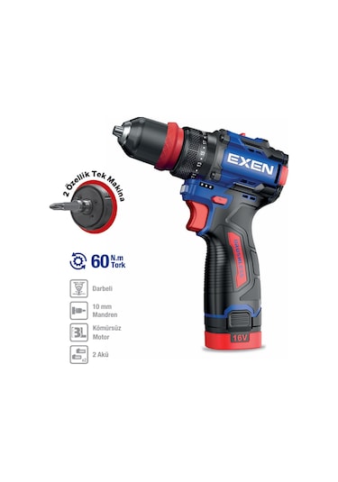 Exen EN 162 DS 16V 2AH 60 NM Kömürsüz Darbeli Şarjlı Matkap