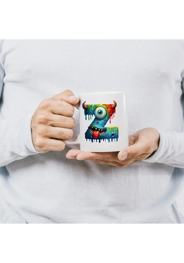 Z Harfi Bardak, Sevimli Canavarlar Harflı Bardak Hediyesi Porselen Beyaz