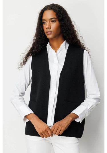 Desen Triko Kadın V Yaka Çelik Örgü Yün Anne Yelek 25044 Siyah Siyah