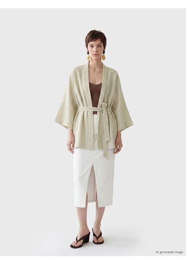 Lc Waikiki Bej Şal Yaka Keten Görünümlü Kadın Kimono