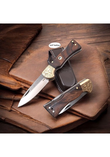 N690 Böhler Çelik Gravürlü Balçıklı Kilitli Yaylı Çakı Dayanıklı El İşçiliği Çakı Modelleri Açık Kahverengi