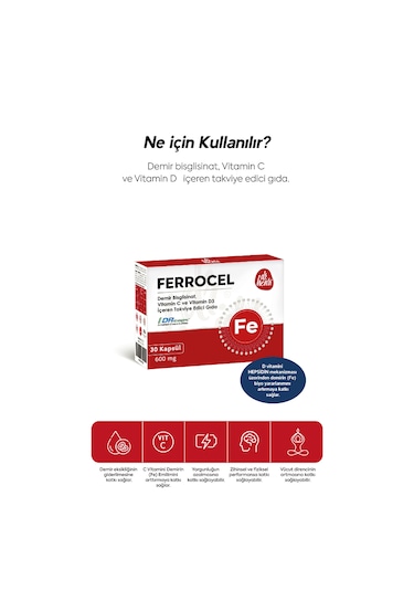 Dr. Henri Ferrocel Demir Bisglisinat Vitamin D3 ve Vitamin C 30 Kapsül