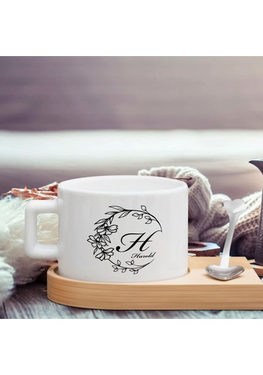 Bk Gift Kişiye Özel Baş Harf İsimli Ahşap Altlıklı Seramik Fincan-2 , Meslek Hediyesi, Yeni İş Hediyesi Kobitmeyen138071 Bk Gift