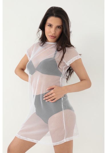 By Papi Kısa Kollu File Elbise Beyaz