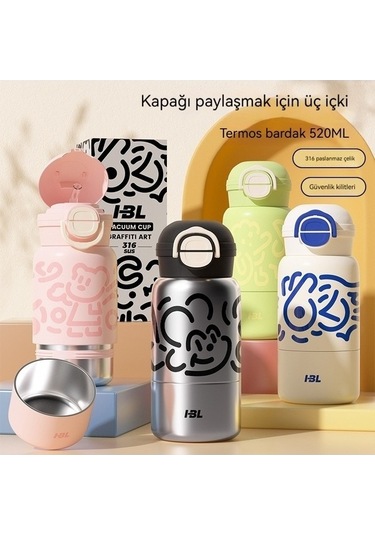 Ulzyvf Wd Üç-drink Termos Siyah Sevimli Çocuk Bardağı Taşınabilir Fan Jian Bardağı - Zf Siyah