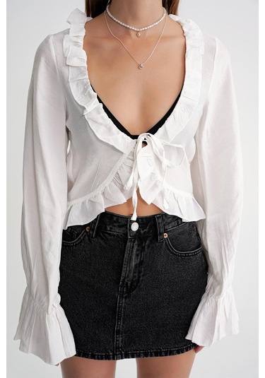 4712 Kadın Volanlı Modal Bolero Bluz Beyaz Beyaz
