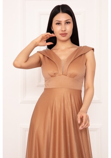 Kalopya Simli Tül Uzun Abiye Elbise 13280 Gold