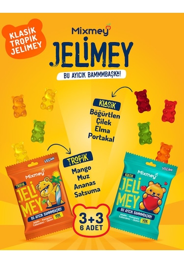 Jelimey Karma 6 Adet X 35 Gr 3 Klasik + 3 Tropik Jelatinsiz Doğal Gummy Bear