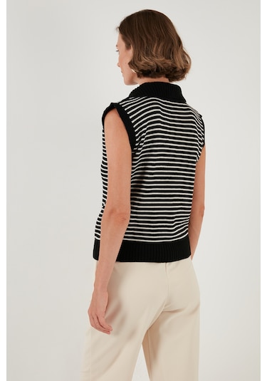 Lela Çizgili V Yaka Triko Bayan Süveter 4616171 Siyah-Krem
