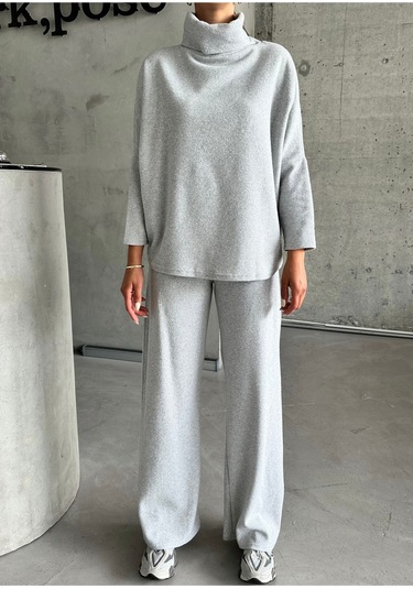 Modagen Kadın Selanik Kumaş Balıkçı Yaka Alt Üst Takım Gri