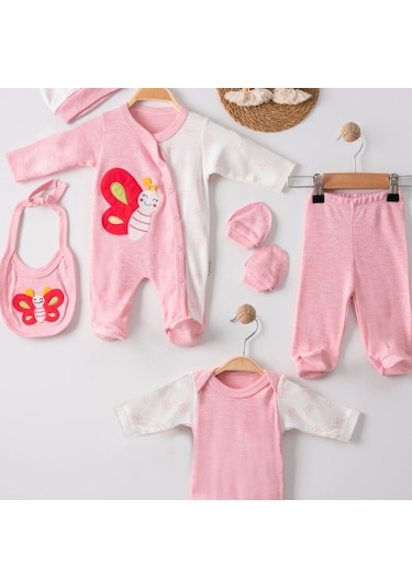 Candar 3 Ay Kelebek Nakış Tulumlu Kız Bebek 5'li Set Pembe