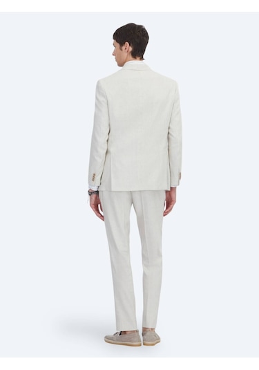 Kip Bej Desenli Modern Fit Keten Karışımlı Takım Elbise