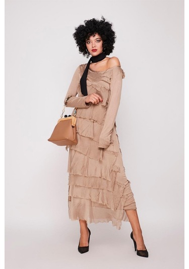 Italyan 2 Beden İnce Gösteren Kat Kat Uzun Kol Taşlanmış İpek Elbise Camel