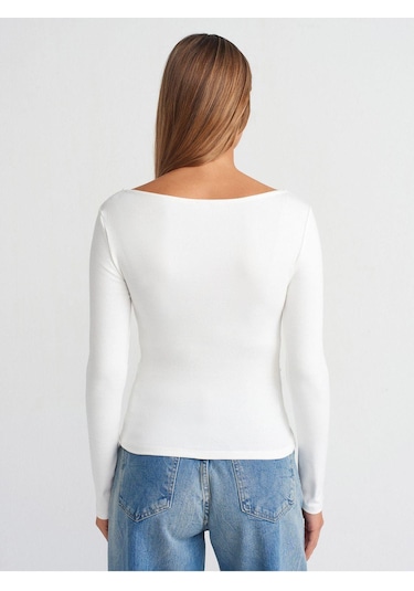 Dilvin 31401 Büzgülü Kayık Yaka Top-ekru-872 Ekru