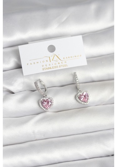 Pirinç Gümüş Pembe Renk Zirkon Taşlı Kalp Model Kadın Küpe Çok Renkli