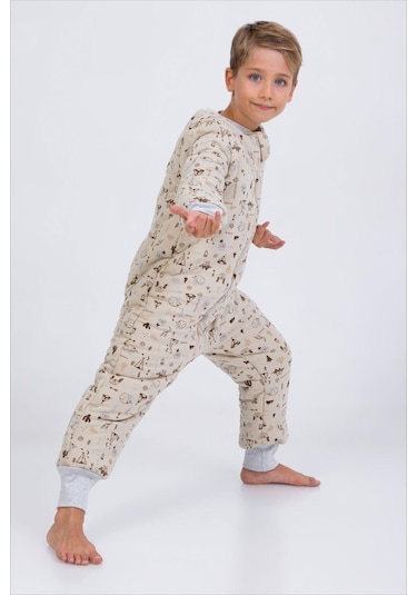Kız Erkek Çocuk Kalın Elyaf Dolgulu Premium Kalite 2.5 Tog Desenli Uyku Tulumu Taş Rengi