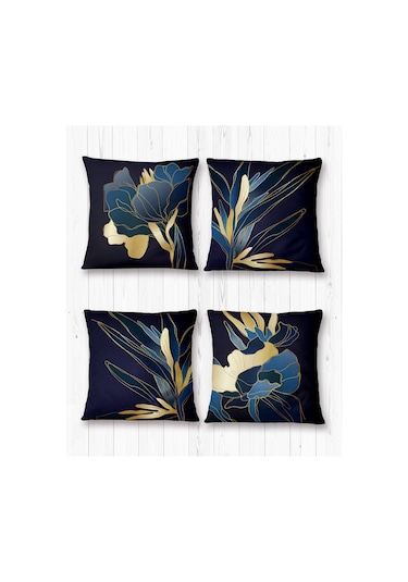 Lacivert Gold Çiçekler- 4 lü Kırlent Kılıf Seti -İki Tarafı
