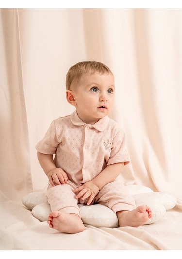 Jakarlı Bebe Yakalı 2li Bebe Takımı Pudra