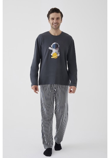 Erkek Pamuklu Uzun Kollu Üst Astronot Baskılı Alt Çizgili Pijama Takımı Ke30106 Gri - Beyaz