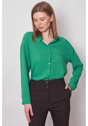 Kadın Yakalı Düşük Omuzlu Uzun Kol Likrasız Kumaş Gömlek-yeşil Yeşil