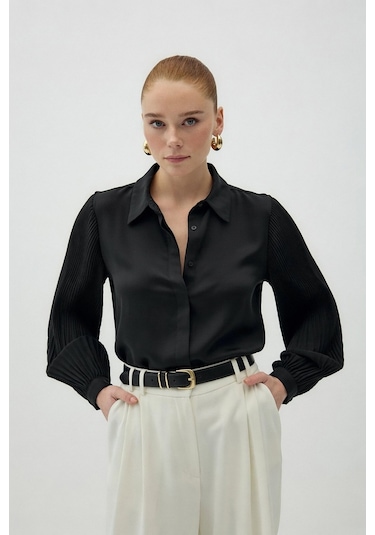 Sateen Plise Kollu Gömlek - Siyah-137085 Siyah