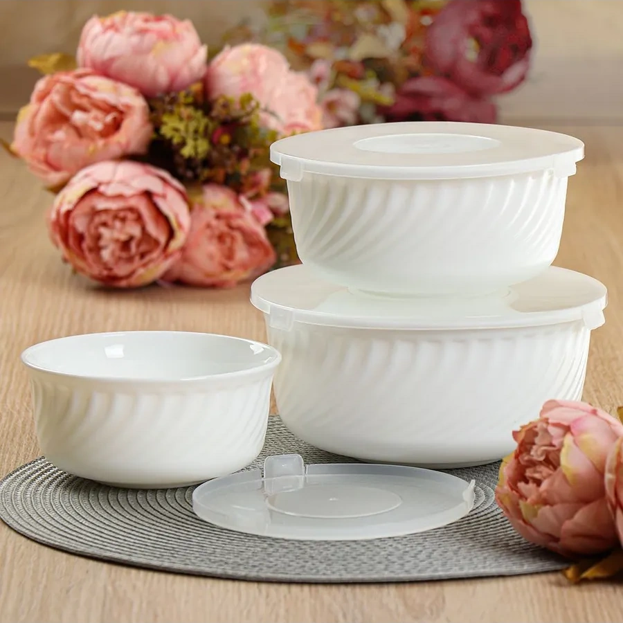 Daniks Kapaklı Cam Seramik Salata Kasesi Seti 3 Adet, Beyaz 269093503 Beyaz