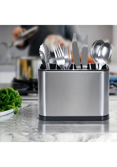 Trendooze Gaojunshop01 1 Paslanmaz Çelik Çatal Bıçak Kutusu, 4 Bölme, Gümüş Renk Gümüş