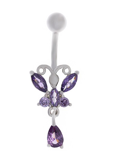 Kadın Mor Kelebek Model Sallantılı Çelik Piercing Gümüş
