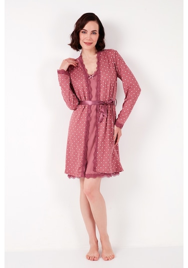 Lela Dantel Detaylı Yırtmaçlı Sabahlıklı Bayan Gecelik 6097580 Gül Kurusu