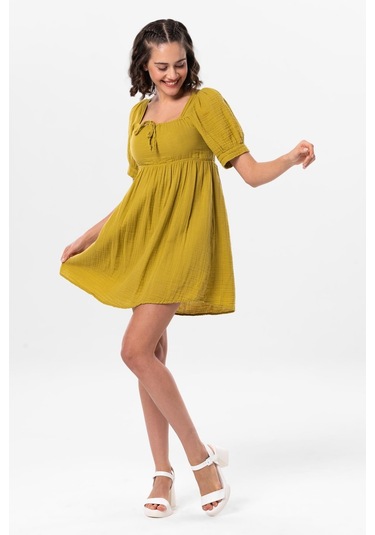 Kısa Kol Lara Kare Yaka Bağlama Detaylı Yazlık Müslin Elbise Yağ Yeşili Ygysl-yağ Yeşili Yeşil