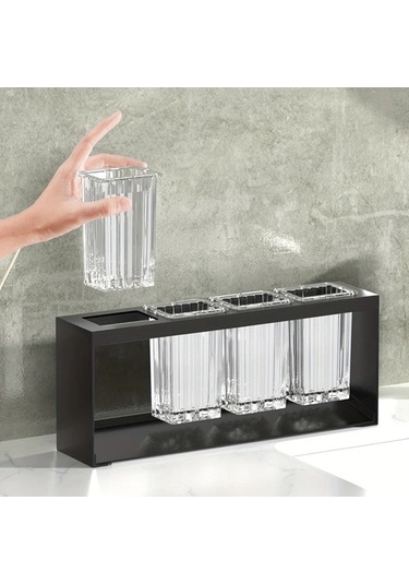 Fastbuy Dream011 Siyah 4'lü Silindir Tutucu, Dahili Tahliyeli Banyo Düzenleyici, Su Filtreli Bardak, Diş Fırçası Macunu Tutuc Siyah