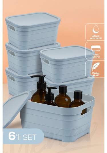 Vienev 6'lı Kapaklı 3,8 Litre Saklama Kutusu Mavi Mavi