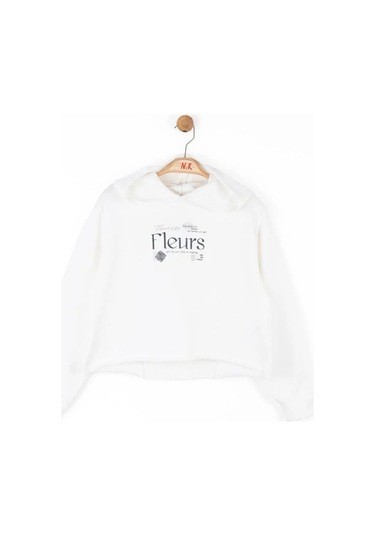 Kız Çocuk Pamuklu Sırtı Tirko Detaylı Fleurs Sweatshirt-14790 Ekru