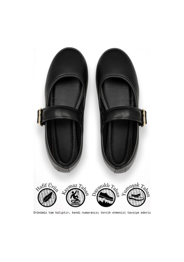 Günlük Bej Kadın Babet Oval Burun Tokalı Sade Kemer Kısa Topuklu Ev İş Ofis Hafif Ayakkabı 210 Siyah