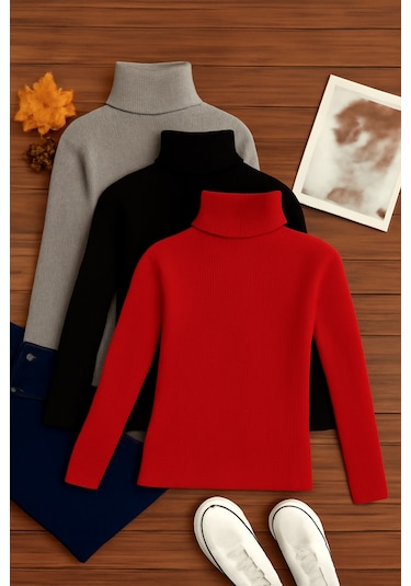 3'lü Paket Kadın Basic Tam Balıkçı Yaka Kazak Çok Renkli-3