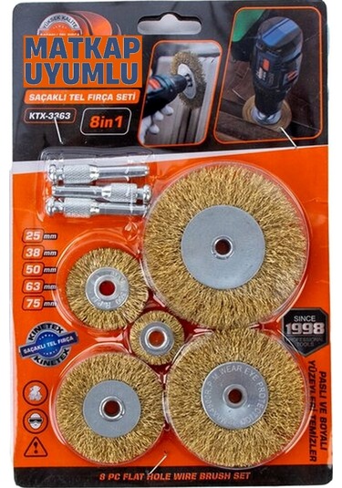 Tel Matkap Hobi Fırça 5+3 Pim 8 Parça Set Tel Fırça Seti Matkap Ucu Tel Fırça Pas Kir Boya Temizleme