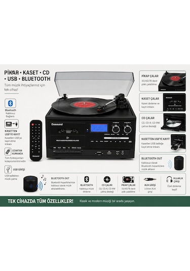 Dosound Tr-17 Ahşap Çok Fonksiyonlu Pikap Kaset Cd Usb Bluetooth Müzik Sistemi 1 Adet