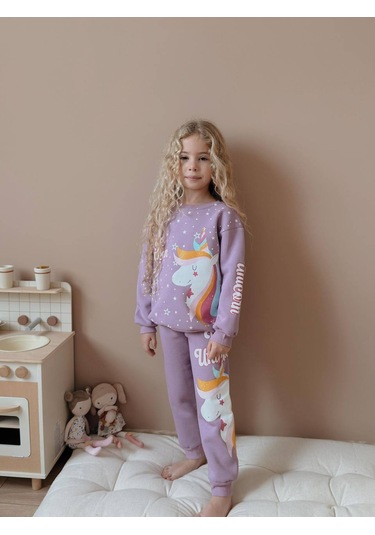 Kız Çocuk Unicorn Modelli 3 İplik Takım Lila