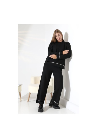 Kontrast Dikişli Kadın Triko Takım Siyah