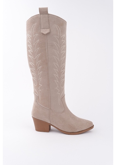 Muggo Texas Sivri Burun Nakışlı Kalın Topuklu Kadın Kovboy Western Çizme Bej Süet