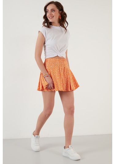 Lela Desenli Beli Lastikli Slim Fit Mini 2'Li Paket Bayan Şort Etek 5864024S2 Oranj-Benetton