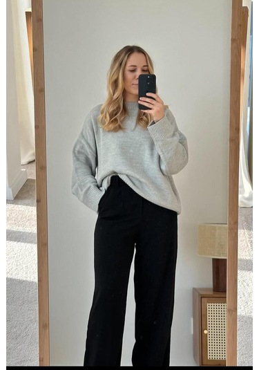 Gri Bisiklet Yaka Oversize Triko Kazak Mg1972 Gri