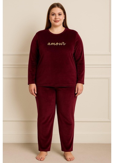 Kadın 13213 Büyük Beden Kadife Pijama Takımı Mürdüm MÜRDÜM