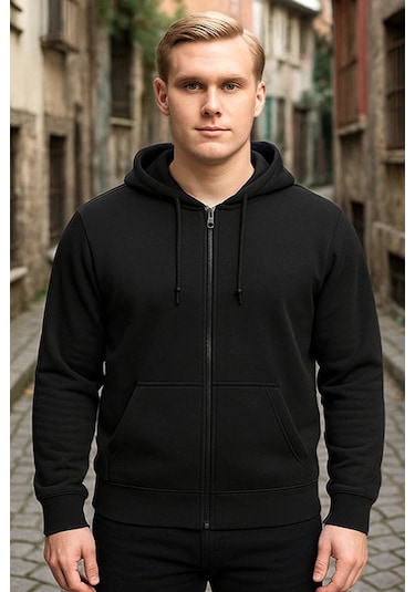 Siyah Kapşonlu Fermuarlı Sweatshirt Siyah