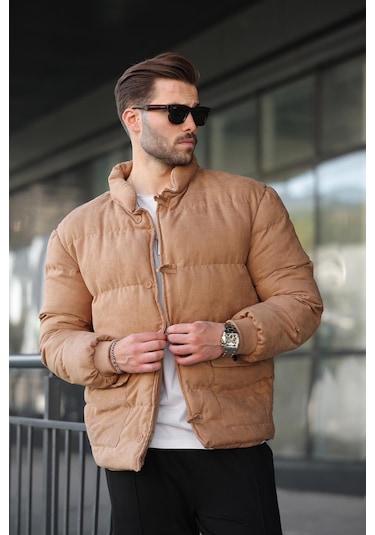 Madmext Camel Düğmeli Dik Yaka Erkek Şişme Mont E7435 Camel