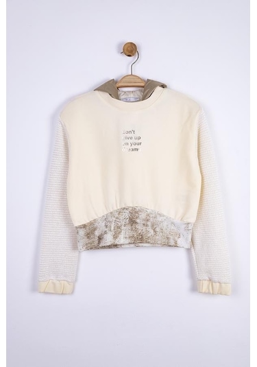 Kız Çocuk Kapüşonlu Triko Garnili Sweatshirt-13358-krem Krem